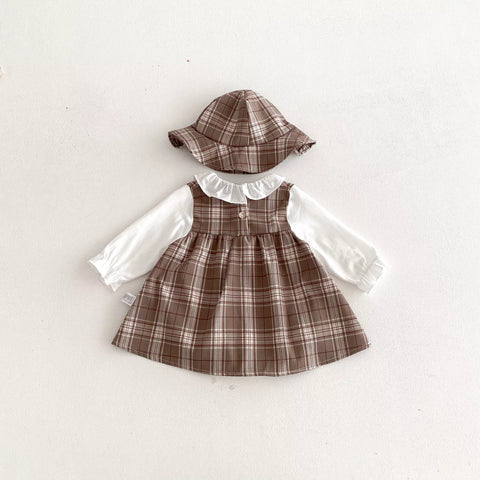 2 Pc Baby Girl Long Sleeve Plaid Dress with Hat