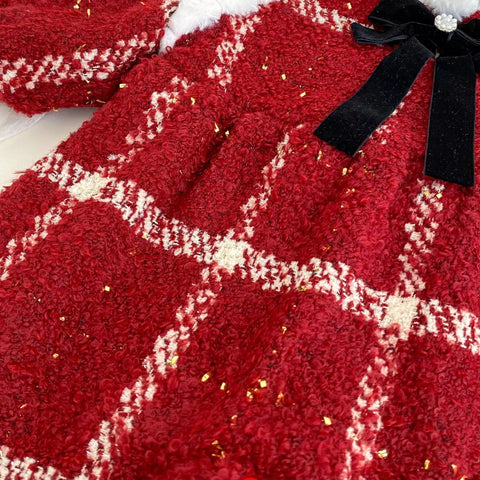 Girls Winter Plaid Furry Trim Dress