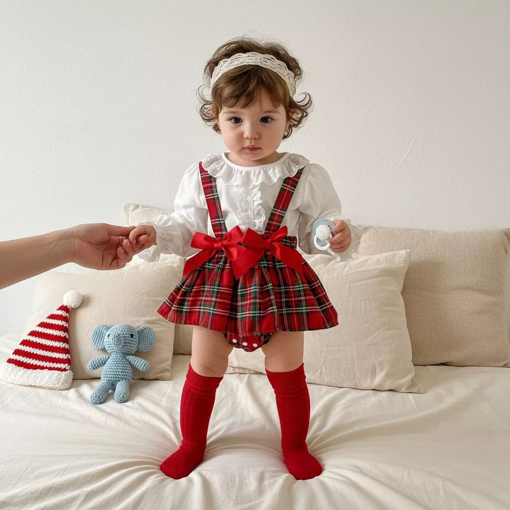 2 Pc Baby Girl Holiday Plaid Bodysuit w/ Ruffle Collar Shirt