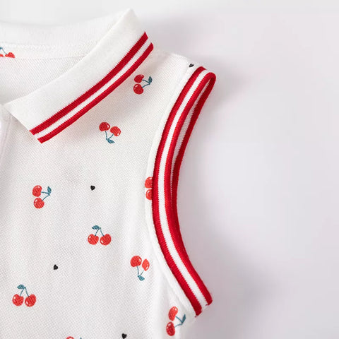 Girls Sleeveless Cherry Print Polo Dress