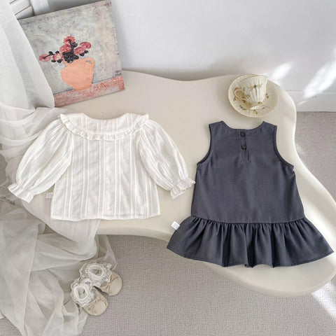 2 Pc Girls Ruffle Collar Shirt with Drop Waist Jumper Dress