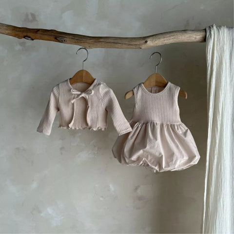 2 Pc Baby Girl Ribbed Cardigan & Bubble Hem Dress