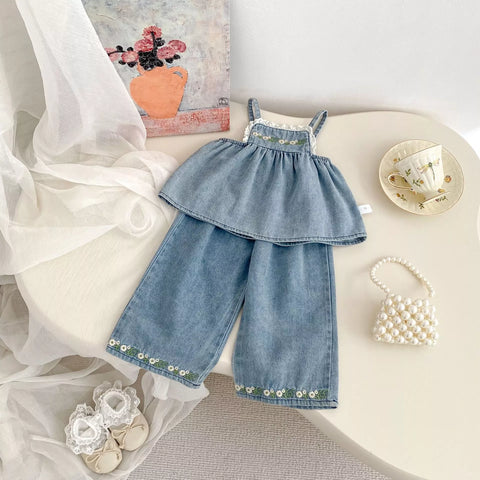 2 Pc Flower Embroidery Denim Top & Wide Leg Set