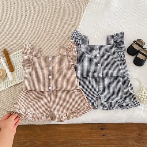 Girls Ruffle Gingham Shirt & Shorts Set