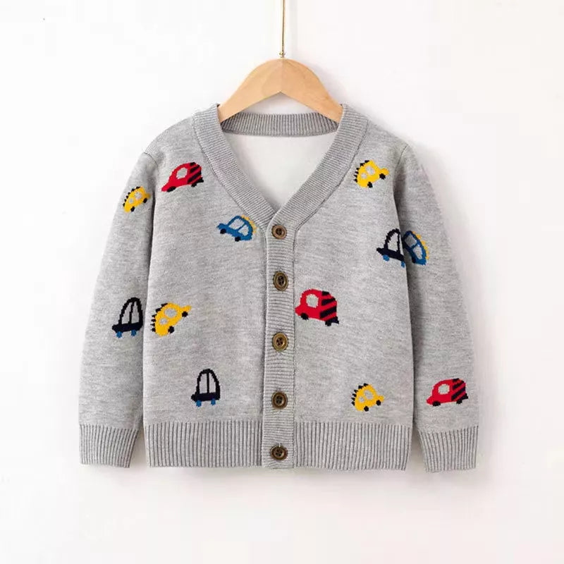 Boys Cars Print Button Up Cardigan Sweater