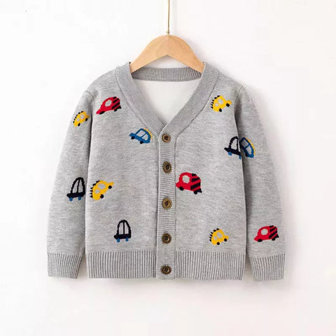 Boys Cars Print Button Up Cardigan Sweater