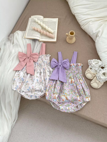 Baby Girl Spring Print Smocked Bow Bodysuit