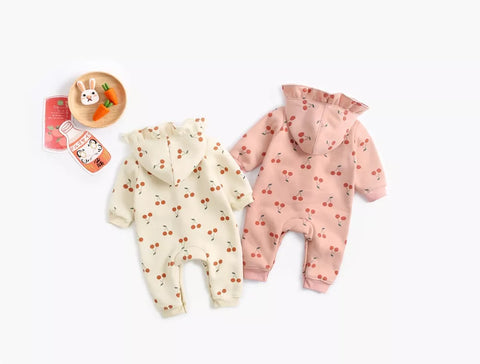 Baby Girl Cherry Print Ruffle Hooded Romper