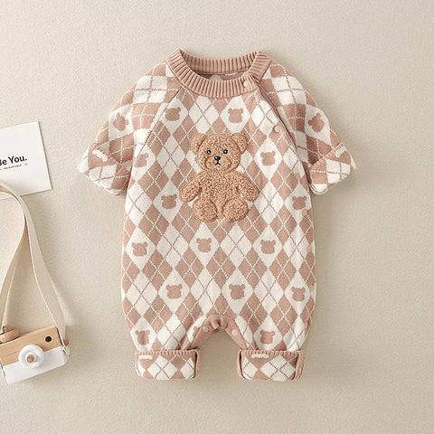 Baby Boy Argyle Print Bear Patch Romper