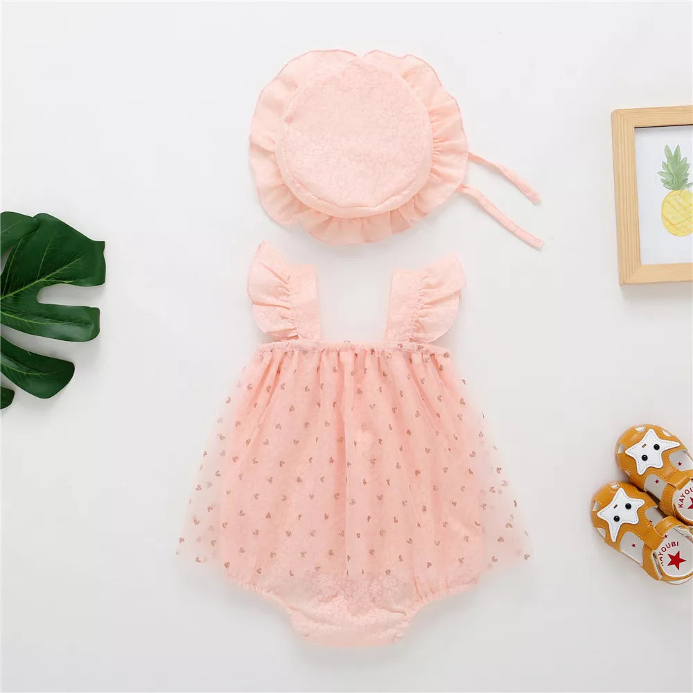 2 pc Baby Girl Sheer Flocked Hearts Bodysuit Dress w/ Hat