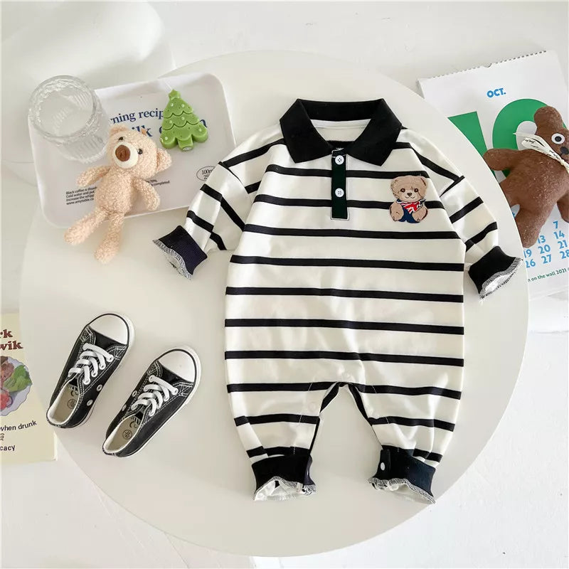 Baby Boy Stripe Bear Logo Polo Romper