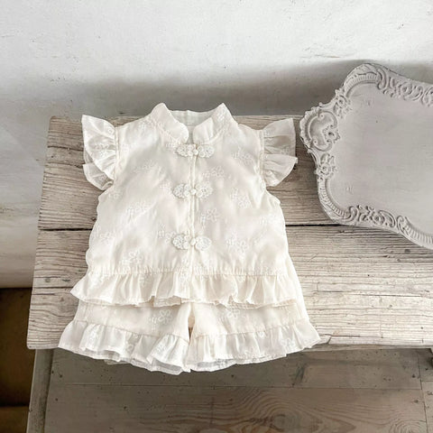 2 Pc Baby Girl Frog Button Mandarin Shirt & Shorts Set