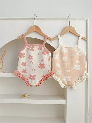 Baby Girl Flower Print Knit Ruffle Hem Bodysuit