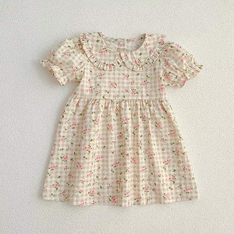 Girls Floral Peter Pan Flower Gingham Bodysuit Dress