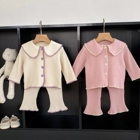 2 Pc Girls Ribbed Coverstitch Cardigan Set