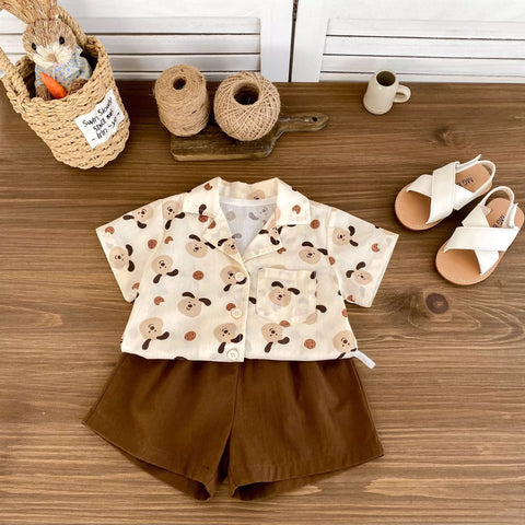 2 Pc Boys Doggy Print Button Up Shirt w/ Shorts
