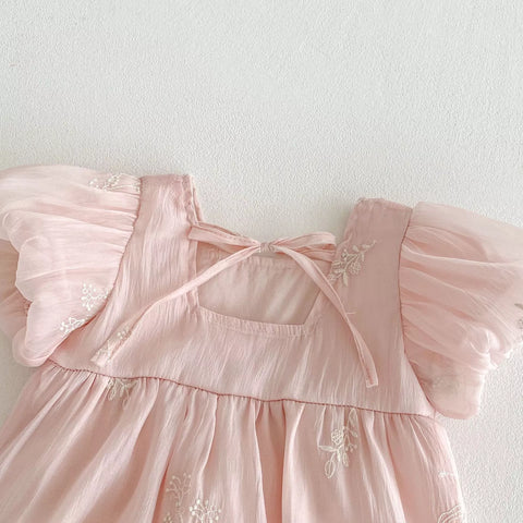 Baby Girl Bubble Sleeve Embroidered Fabric Bodysuit