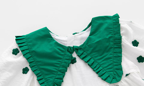 Girls V Collar Green Flower Ruffle Dress