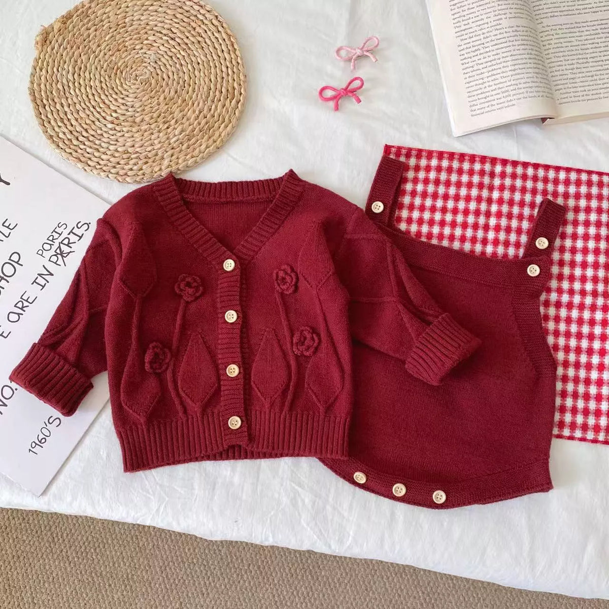 2 Pc Baby Girl Flower & Leaf Cardigan Bodysuit Set