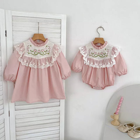 Girls Floral Embroidery Bib Bodysuit Dress