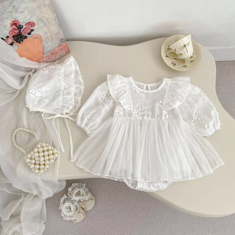 2 Pc Baby Girl Sheer Floral Dress with Bonnet
