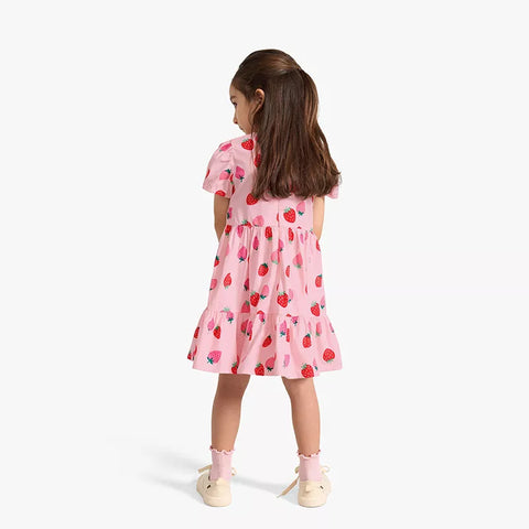 Girls Strawberry Print Tiered Dress