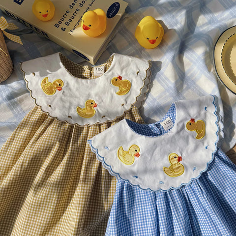 Girls Rubber Ducky Bib Gingham Dress