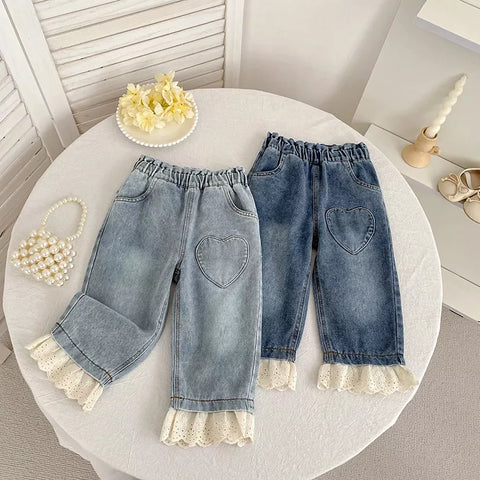 Girls Ruffle Lace Hem Heart Patch Jeans