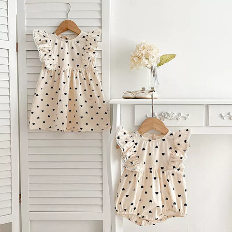 Girls Heart Print Cotton Ruffle Bodysuit Dress