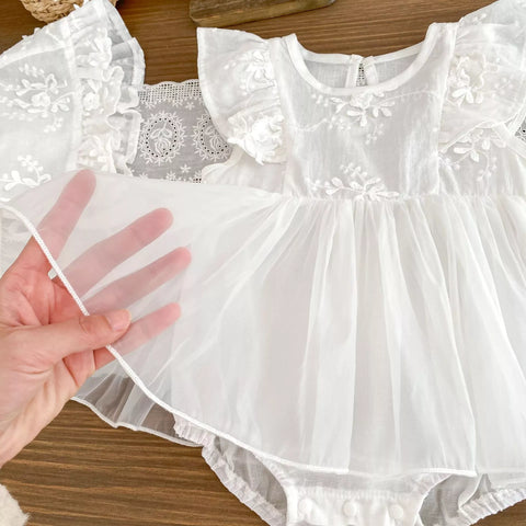 2 Pc Baby Girl Sheer Floral Dress with Bonnet