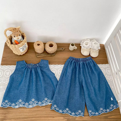 2 Pc Embroidered Hem Tank Top & Shorts Set