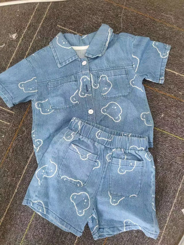 2 pc Baby Boy Bear Print Denim Shirt & Shorts Set