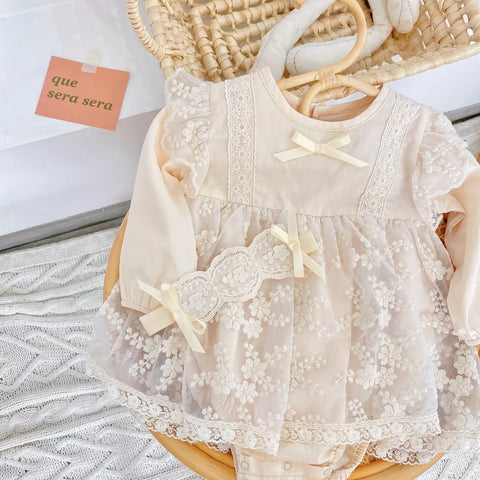 2 Pc Baby Girl Sheer Floral Lace Bodysuit Dress