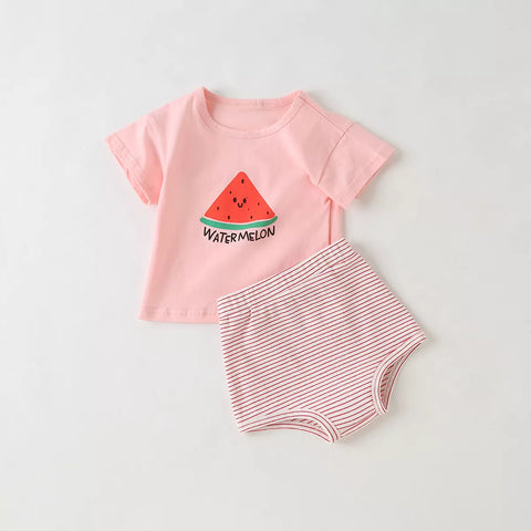 2 Pc Baby Girl Fruit Print Tee & Stripe Shorts Set