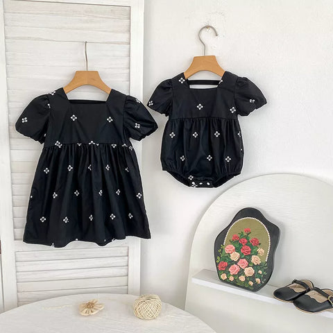 Girls Clover Embroidery Bubble Sleeve Bodysuit Dress