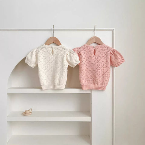 Baby Girl Pointelle Heart Short Sleeve Pullover