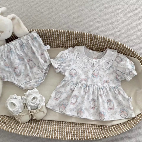 2 Pc Baby Girls Vintage Rabbit Print Shirt & Bloomer Set
