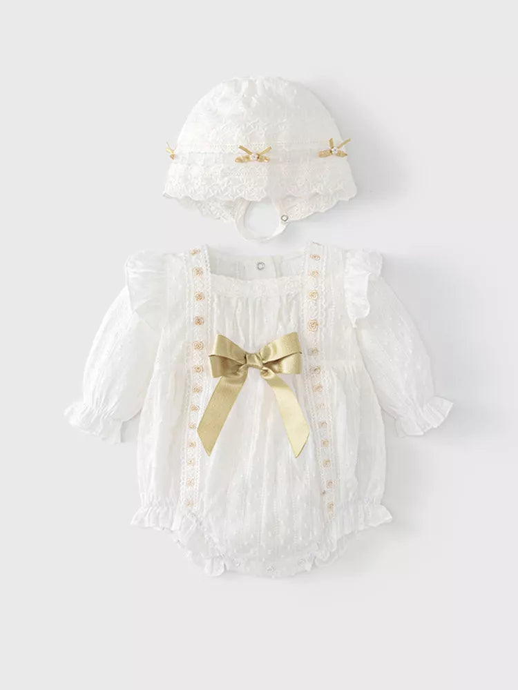 2 Pc Baby Girl Gold Ribbon Lace Bodysuit & Bonnet Set