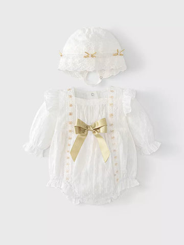 2 Pc Baby Girl Gold Ribbon Lace Bodysuit & Bonnet Set