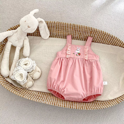 2 Pc Baby Girl Collar Shirt & Bunny Overall Bodysuit