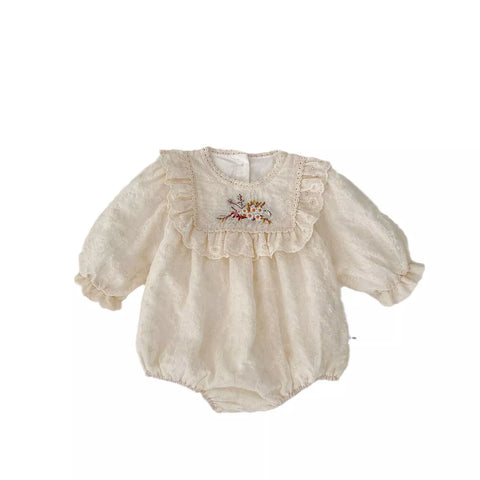 Baby Girl Square Ruffle Bib Flower Embroidery Bodysuit