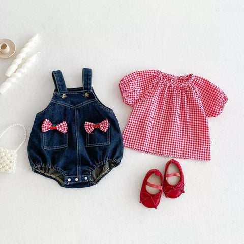 2 Pc Baby Girl Gingham Shirt & Denim Overall Set