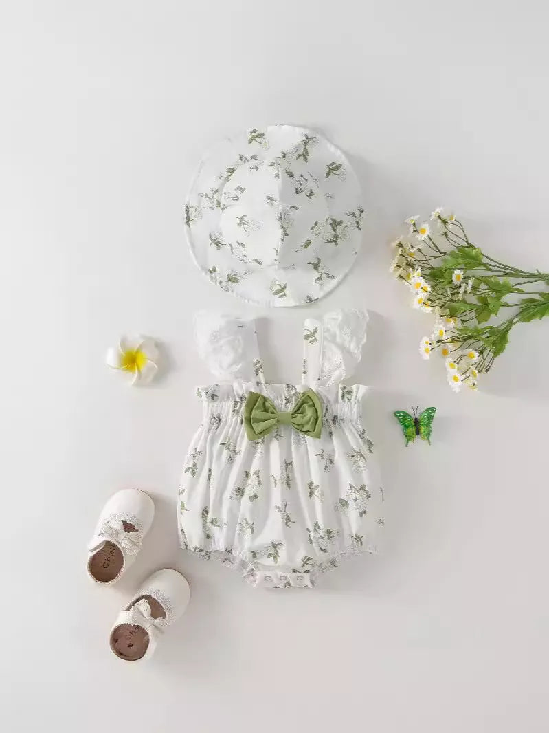 2 Pc Baby Girl Vanilla Flower Bodysuit w/ Hat