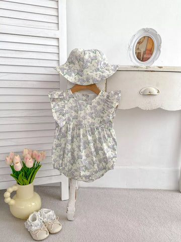 2 Pc Baby Girl Lavender Flower Bodysuit w/ Hat