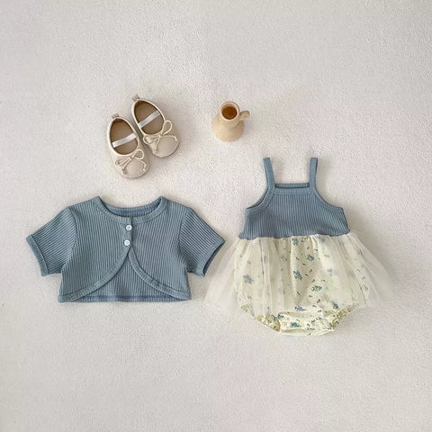 2 Pc Baby Girl Short Cardigan & Floral Ribbed Dress