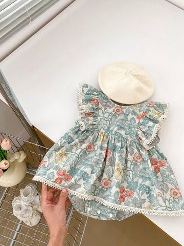 Baby Girl Floral Vintage Wallpaper Print Bodysuit Dress