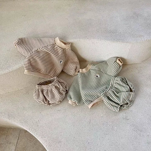 2 Pc Baby Boy Mock Neck Stripe Fleece Sweatshirt & Bloomer Set