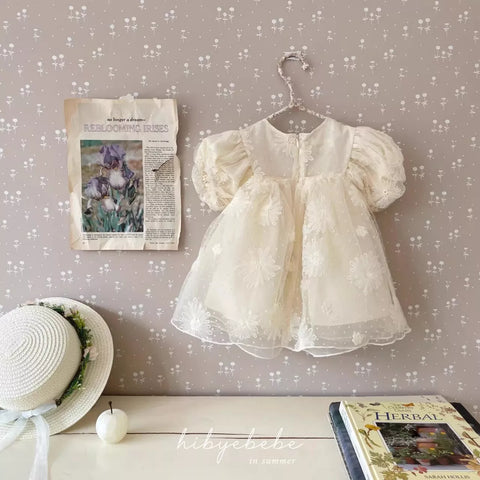 Baby Girl Elegant Flower Emb Mesh Puff Sleeve Dress