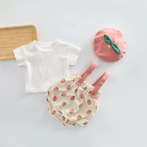 3 Pc Baby Girl Berry Bloomer Shorts, tee & Hat