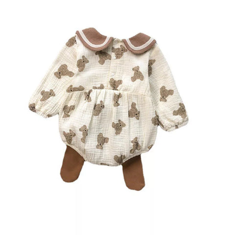 Baby Girls All Over Bear Pattern Bib Lapel Bodysuit